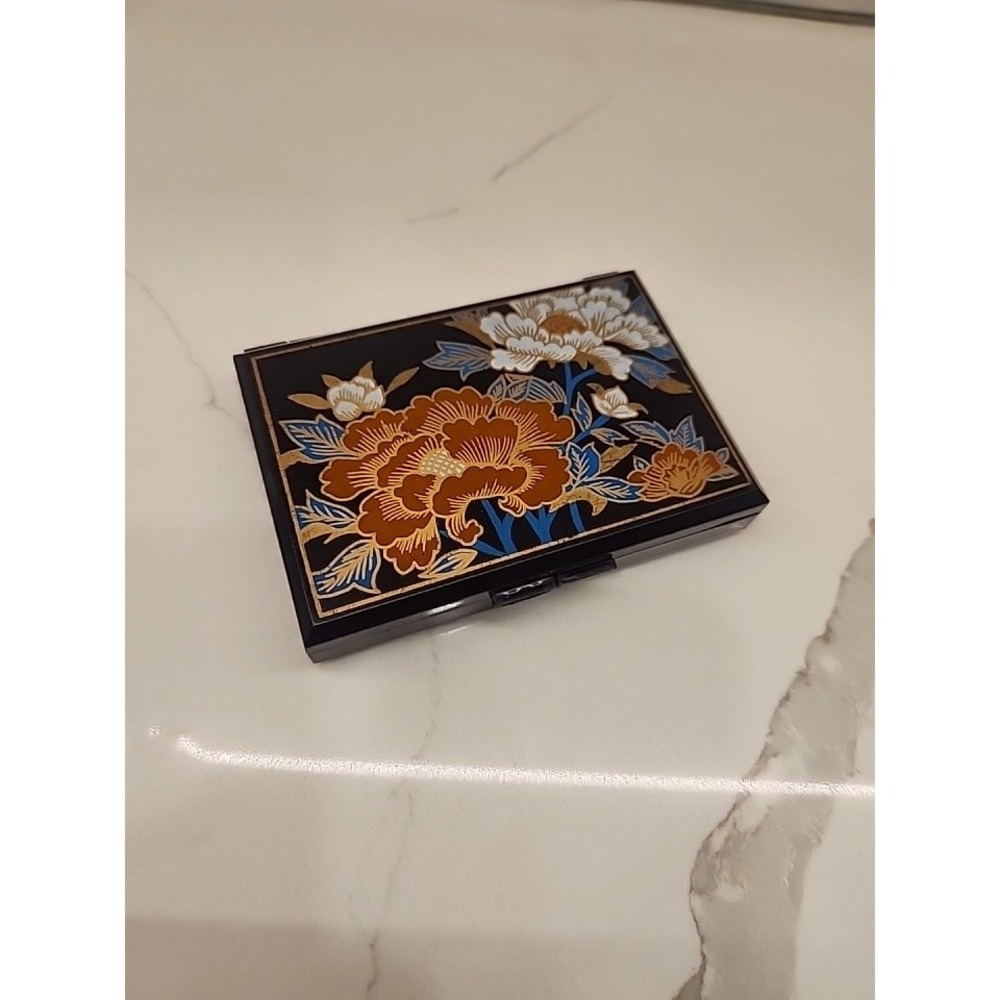 Vintage Hard Plastic Brown Travel Tissue Box Mirrored Multi Floral Oriental